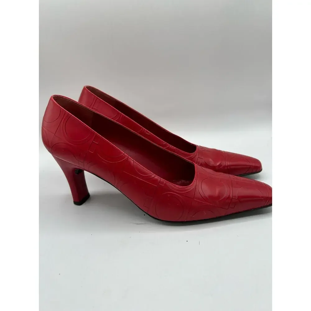 Salvatore Ferragamo Logo Embossed Red Leather Heels, Vtg Women’s US Sz9M… - Picture 3 of 9